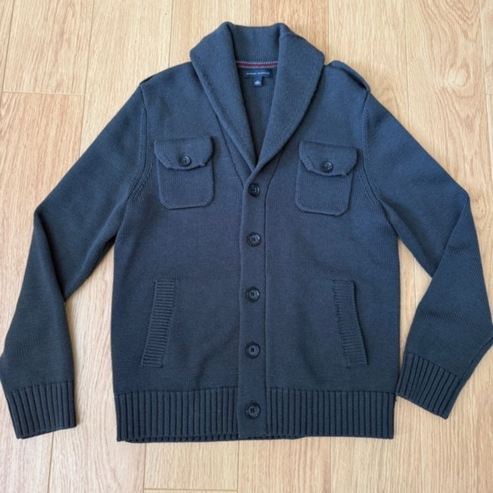 Banana Republic Cardigan Mens M Gray 100% Wool Shawl Collar Military Sweater VTG